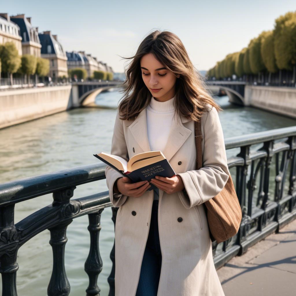 A stunning image of parisian girl walking along the seine with a book.
