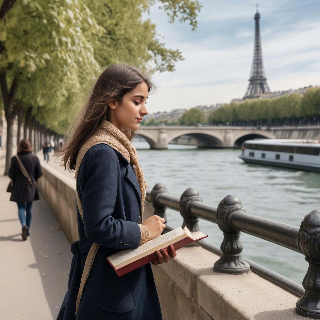 A stunning image of parisian girl walking along the seine with a book.