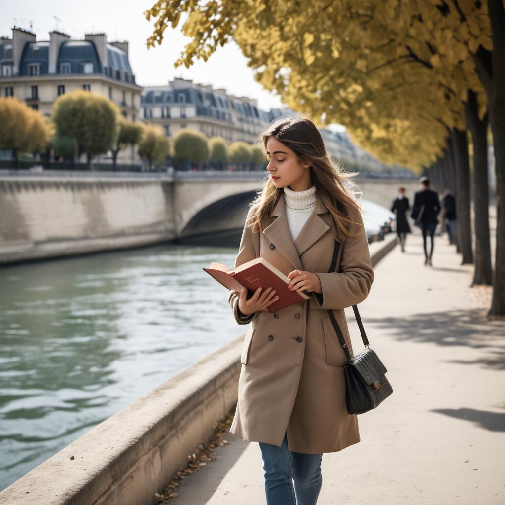 A stunning image of parisian girl walking along the seine with a book.