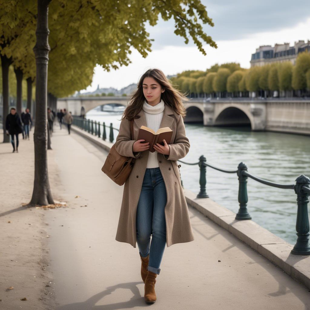 A stunning image of parisian girl walking along the seine with a book.