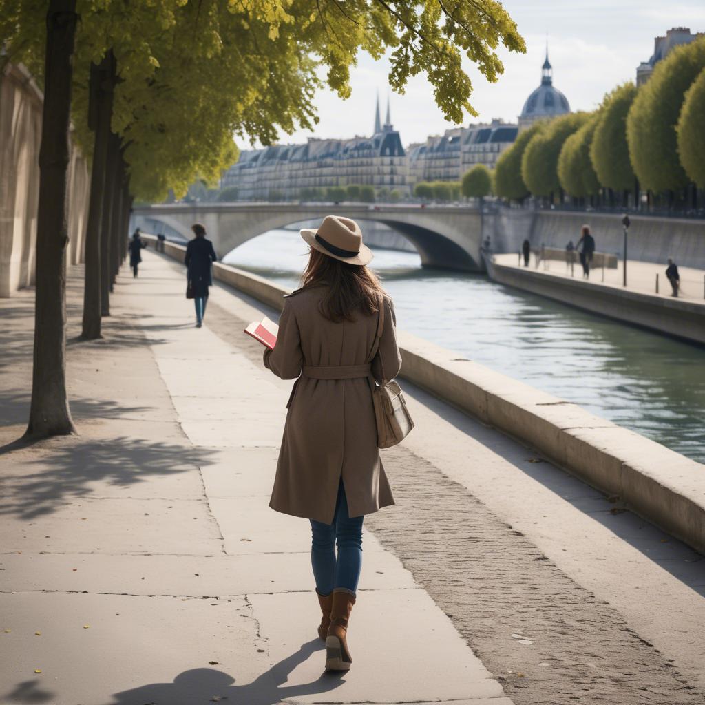 A stunning image of parisian girl walking along the seine with a book.