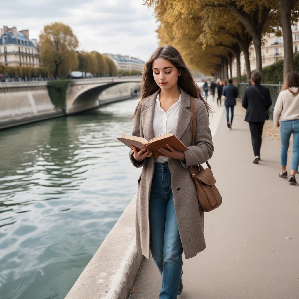A stunning image of parisian girl walking along the seine with a book.