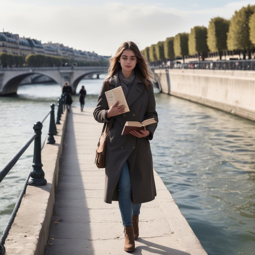 A stunning image of parisian girl walking along the seine with a book.