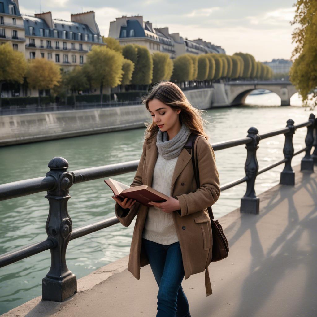 A stunning image of parisian girl walking along the seine with a book.