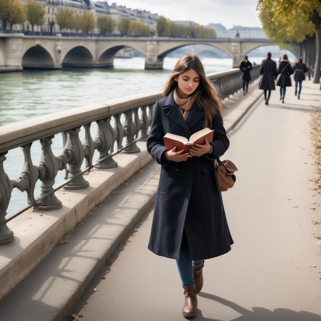 A stunning image of parisian girl walking along the seine with a book.