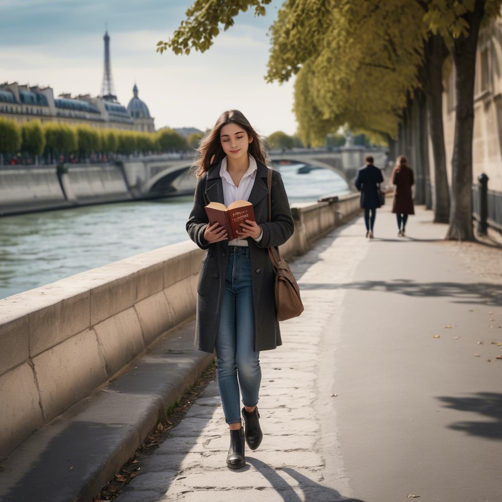 A stunning image of parisian girl walking along the seine with a book.