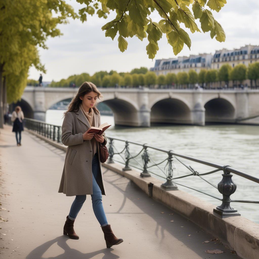 A stunning image of parisian girl walking along the seine with a book.