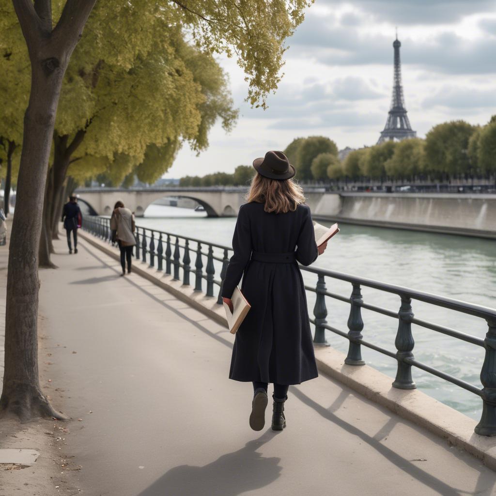 A stunning image of parisian girl walking along the seine with a book.