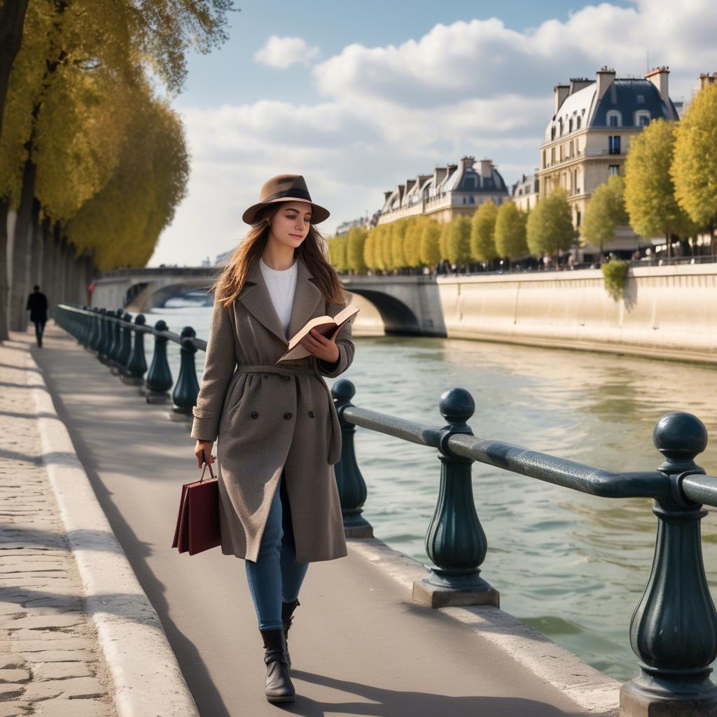 A stunning image of parisian girl walking along the seine with a book.