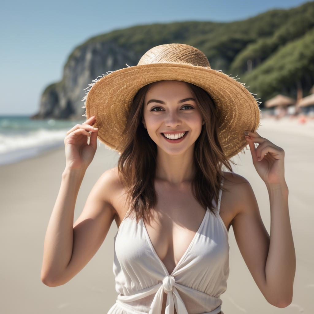 A stunning image of playful woman with a straw hat on a sunny beach.