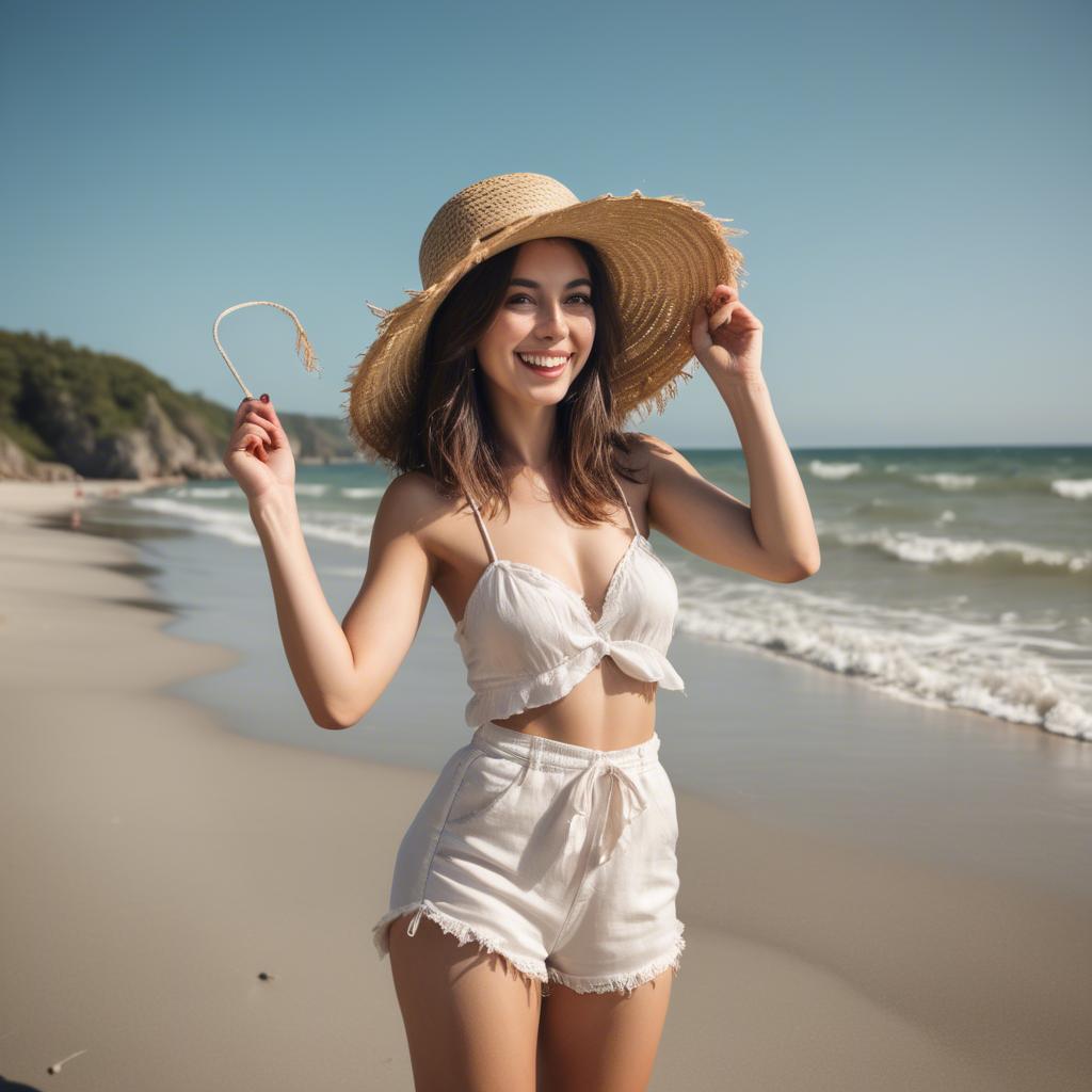 A stunning image of playful woman with a straw hat on a sunny beach.