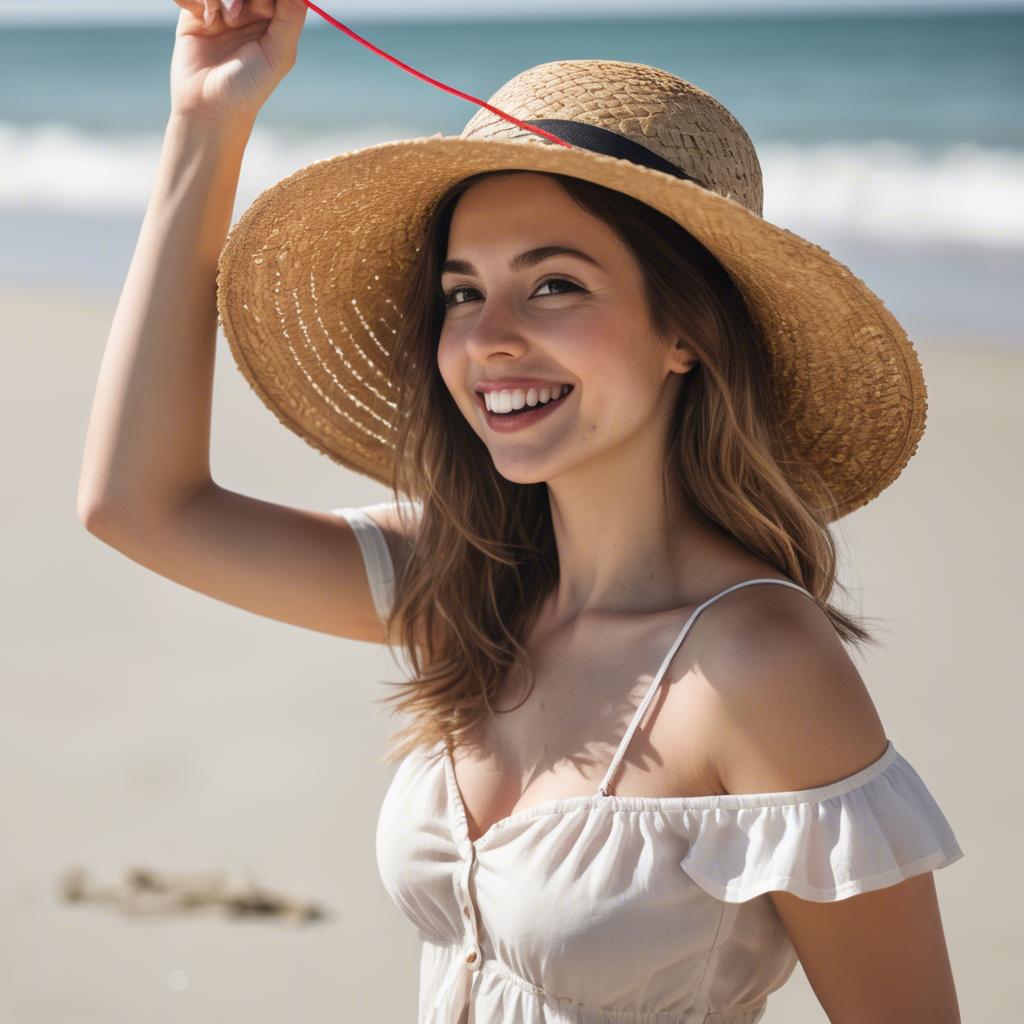 A stunning image of playful woman with a straw hat on a sunny beach.