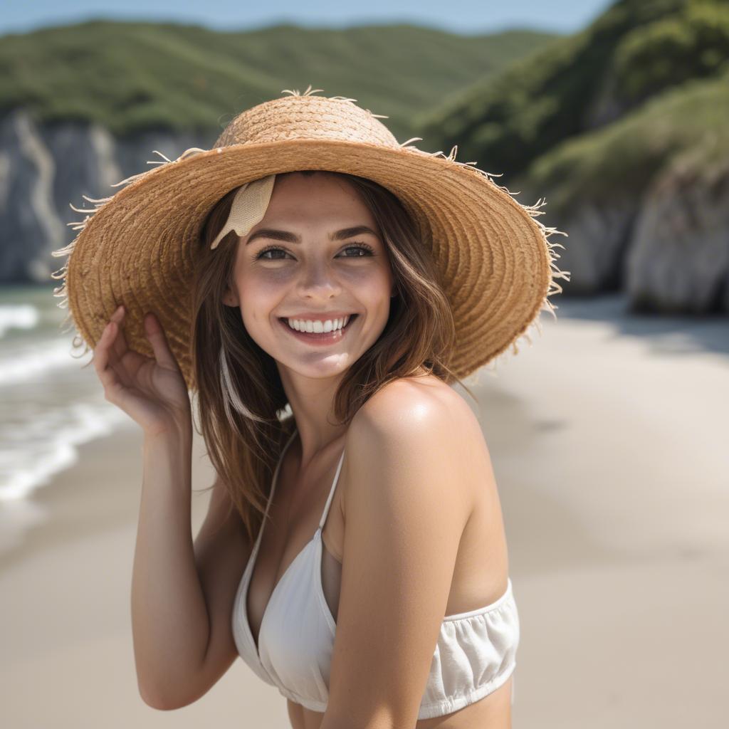 A stunning image of playful woman with a straw hat on a sunny beach.