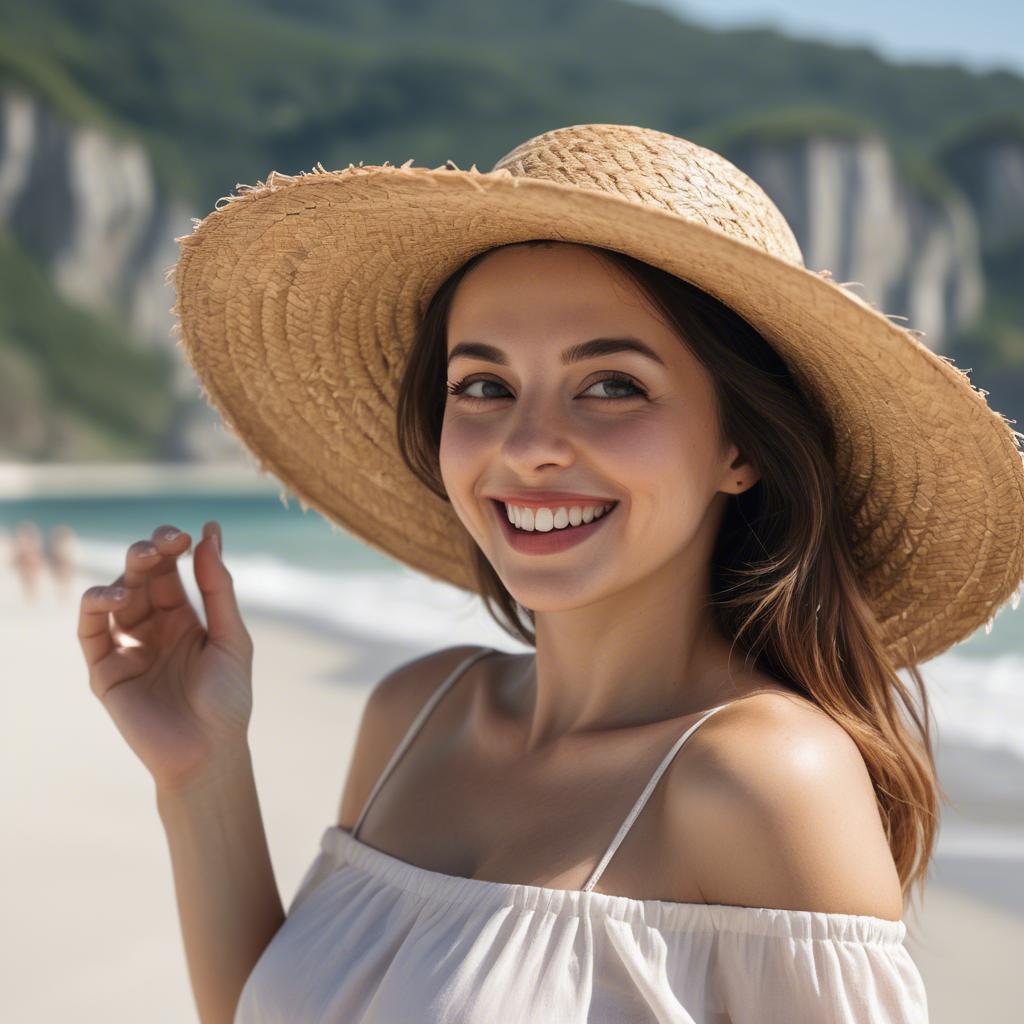 A stunning image of playful woman with a straw hat on a sunny beach.