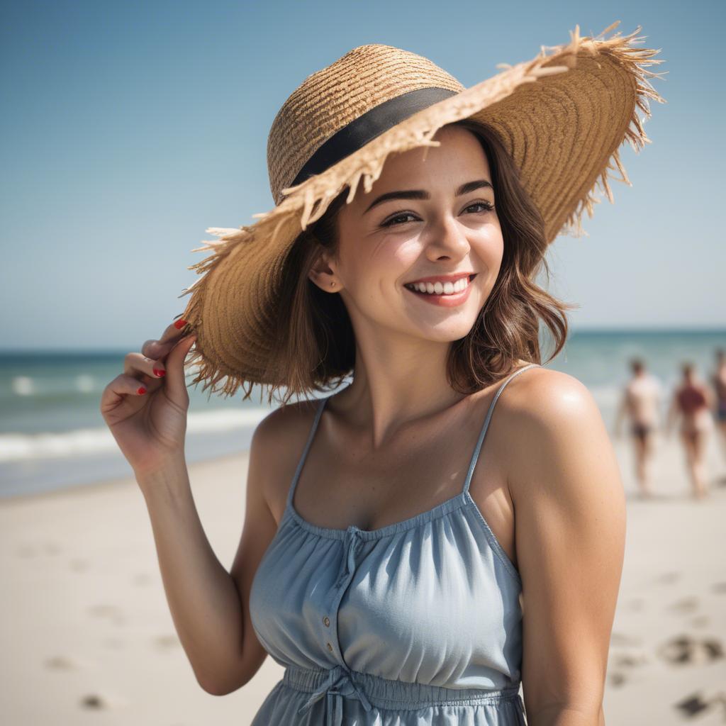 A stunning image of playful woman with a straw hat on a sunny beach.