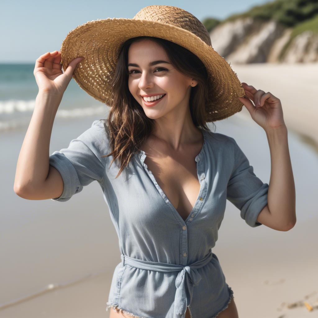 A stunning image of playful woman with a straw hat on a sunny beach.