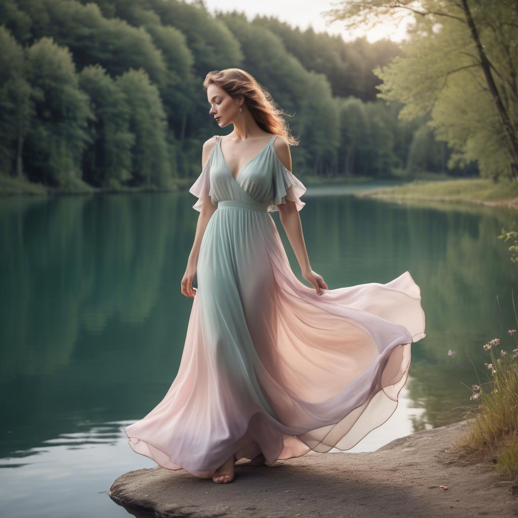 A stunning image of romantic lady in a flowing pastel dress by a lake.