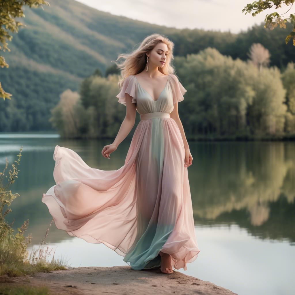 A stunning image of romantic lady in a flowing pastel dress by a lake.