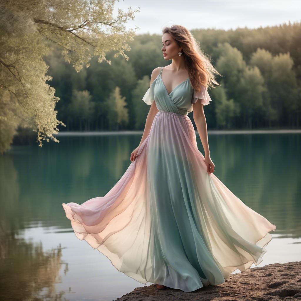 A stunning image of romantic lady in a flowing pastel dress by a lake.
