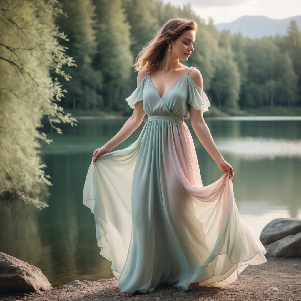 A stunning image of romantic lady in a flowing pastel dress by a lake.