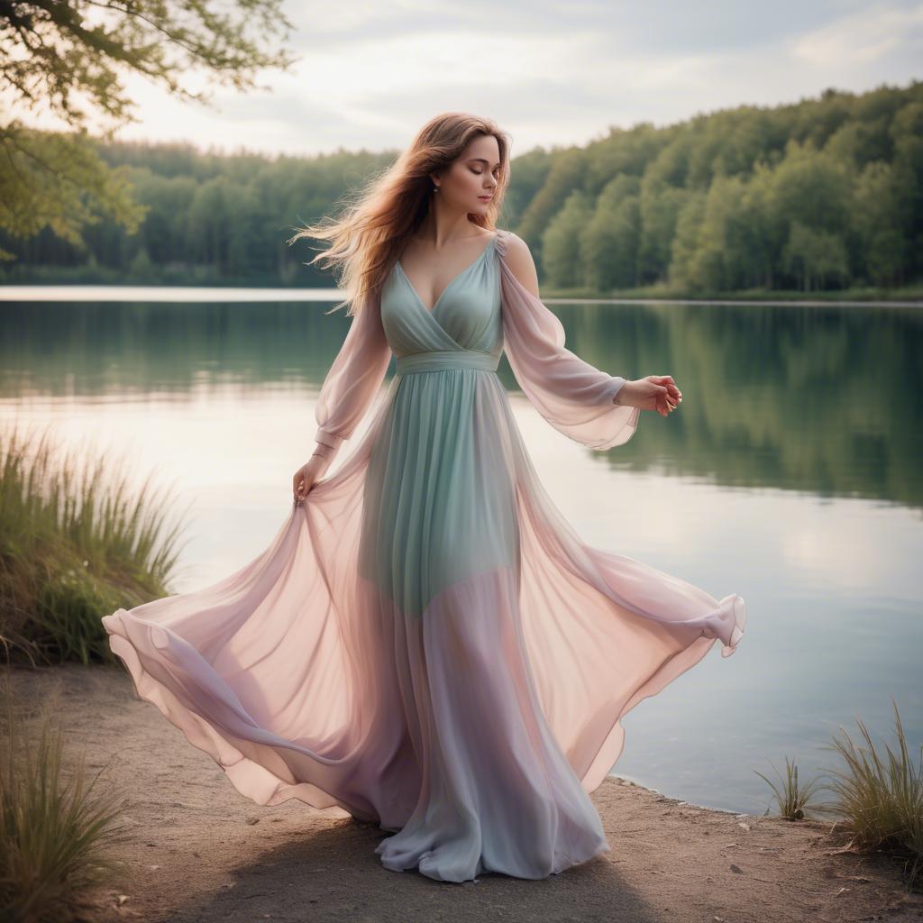 A stunning image of romantic lady in a flowing pastel dress by a lake.