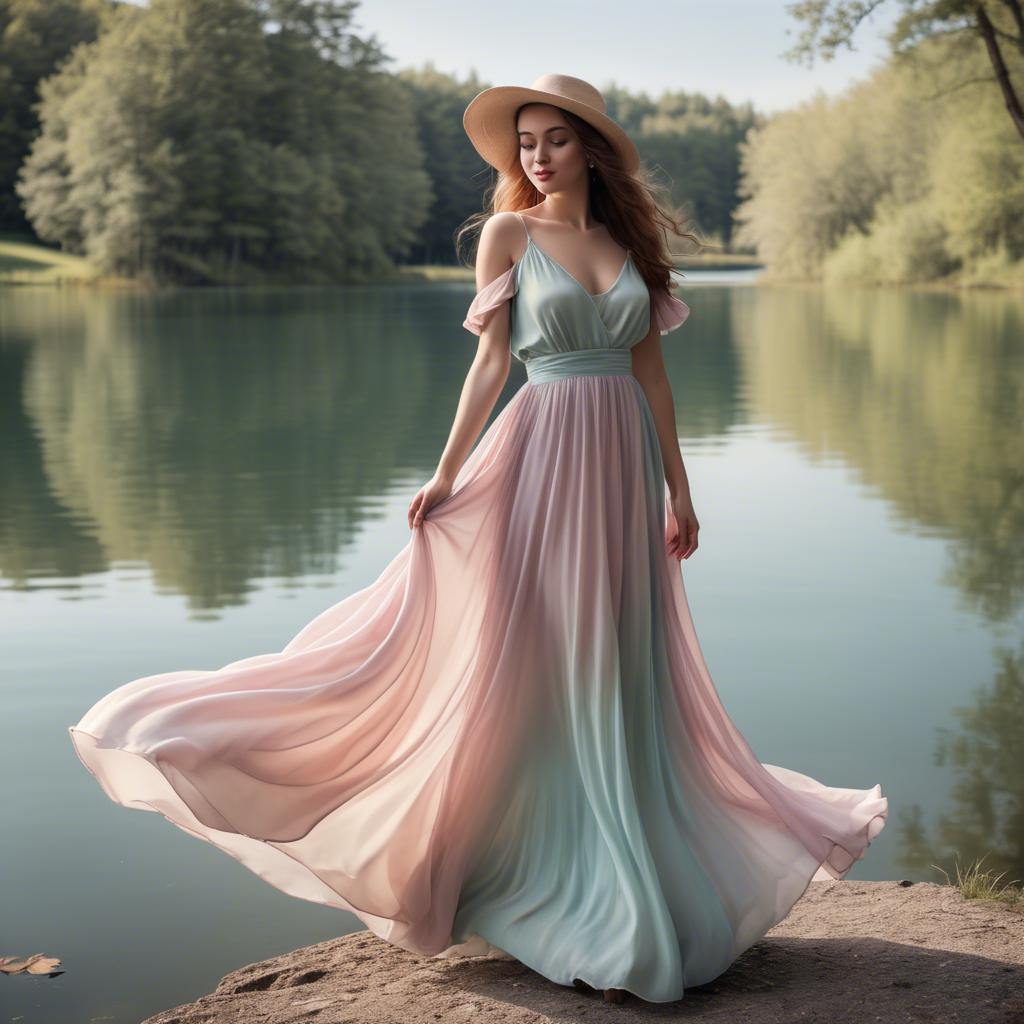 A stunning image of romantic lady in a flowing pastel dress by a lake.