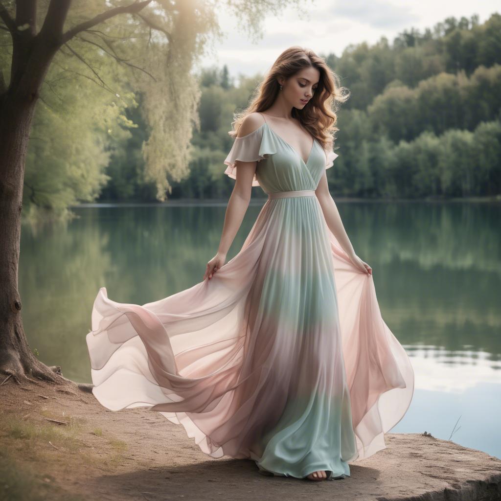 A stunning image of romantic lady in a flowing pastel dress by a lake.