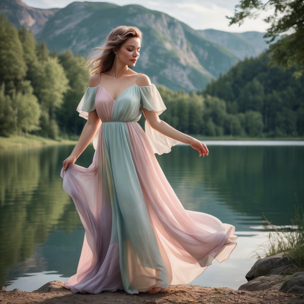 A stunning image of romantic lady in a flowing pastel dress by a lake.