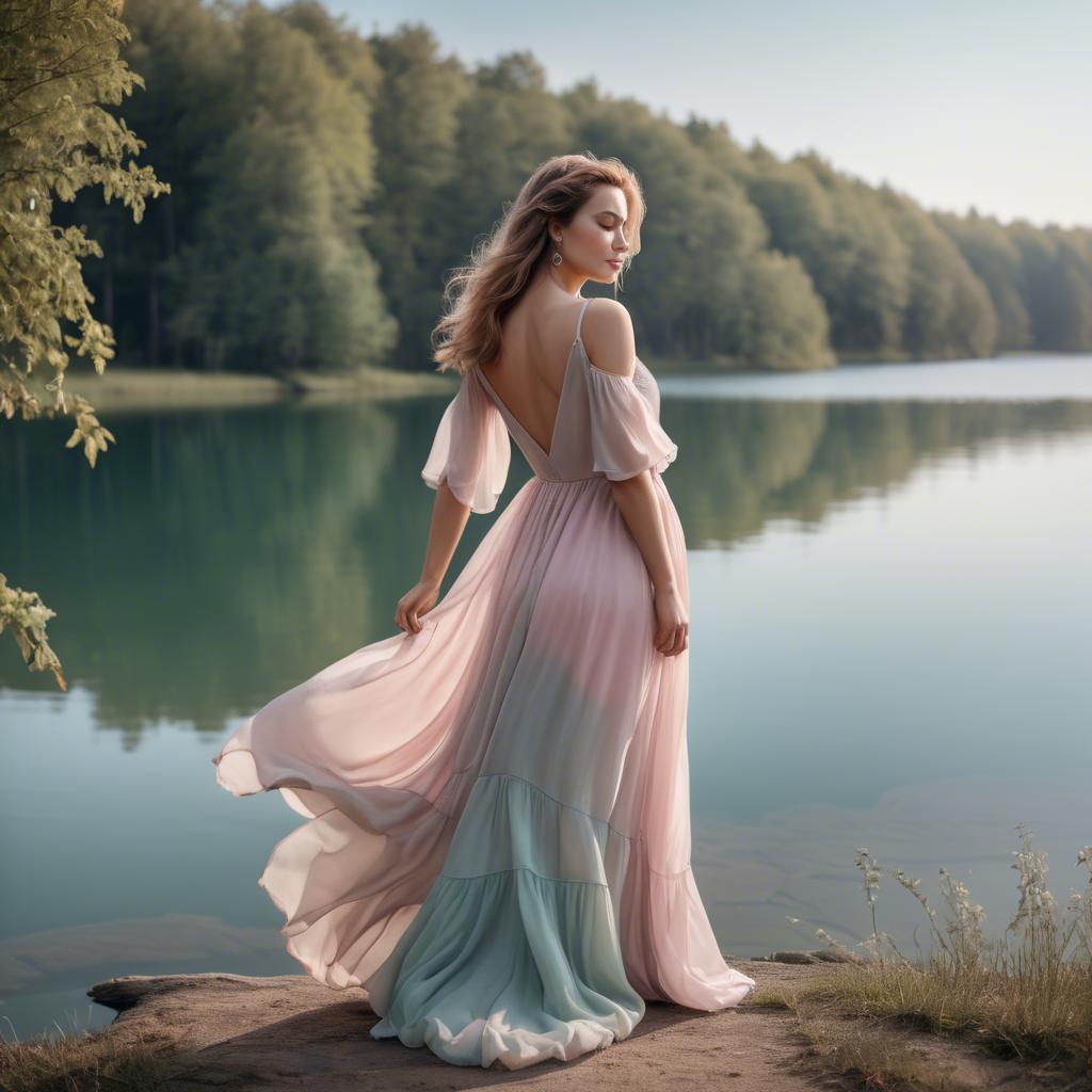 A stunning image of romantic lady in a flowing pastel dress by a lake.