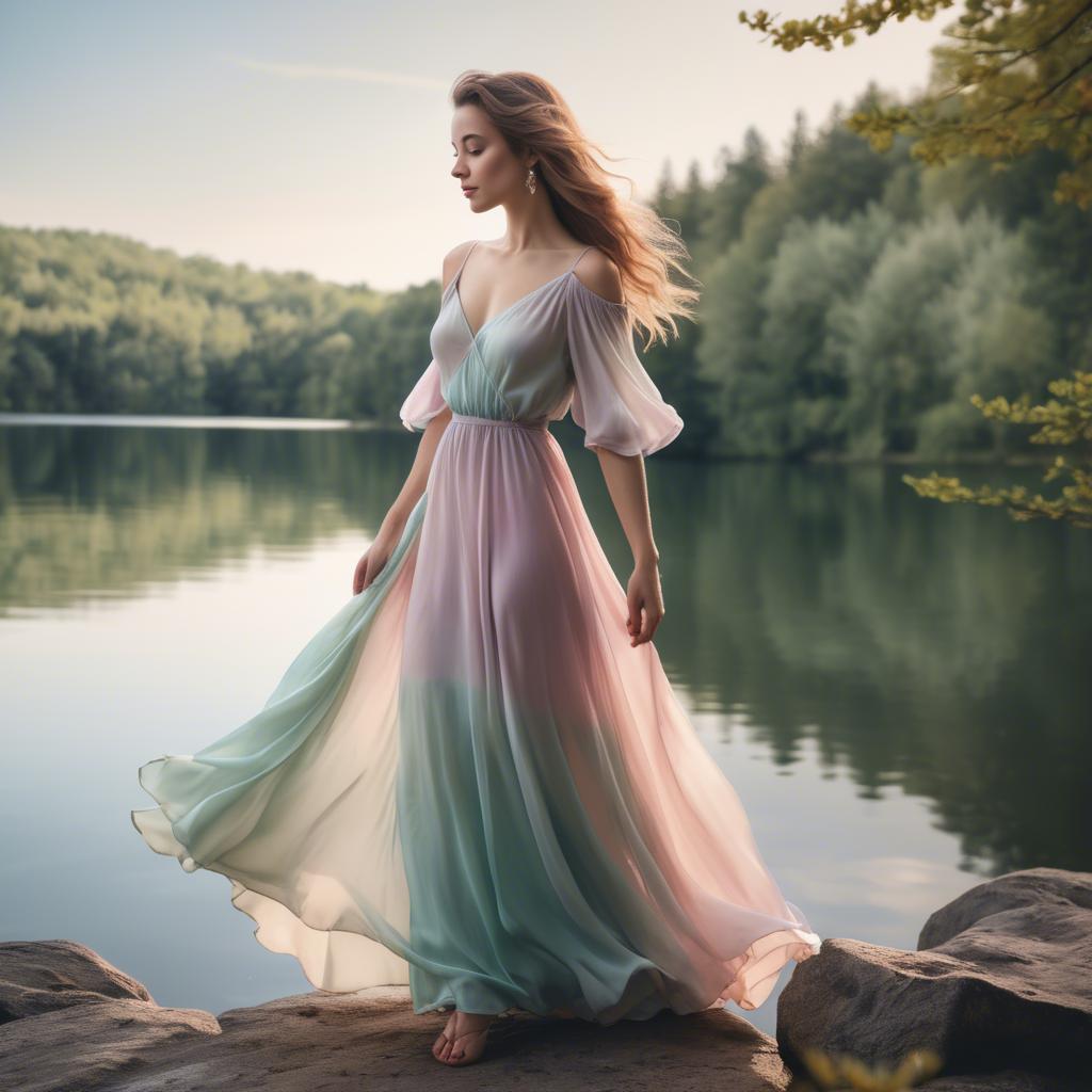 A stunning image of romantic lady in a flowing pastel dress by a lake.