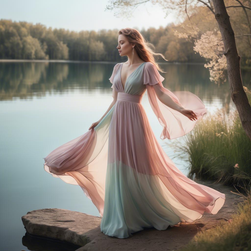 A stunning image of romantic lady in a flowing pastel dress by a lake.