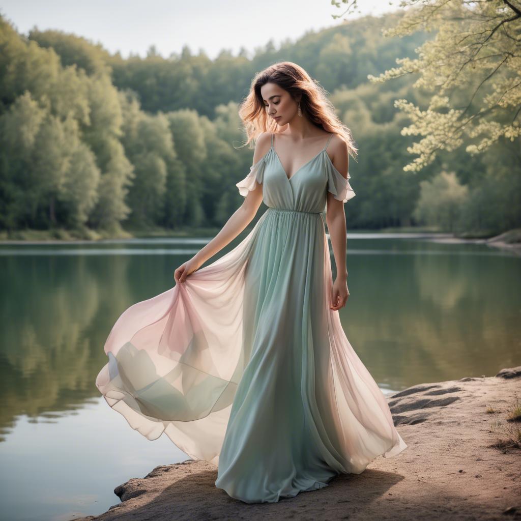 A stunning image of romantic lady in a flowing pastel dress by a lake.