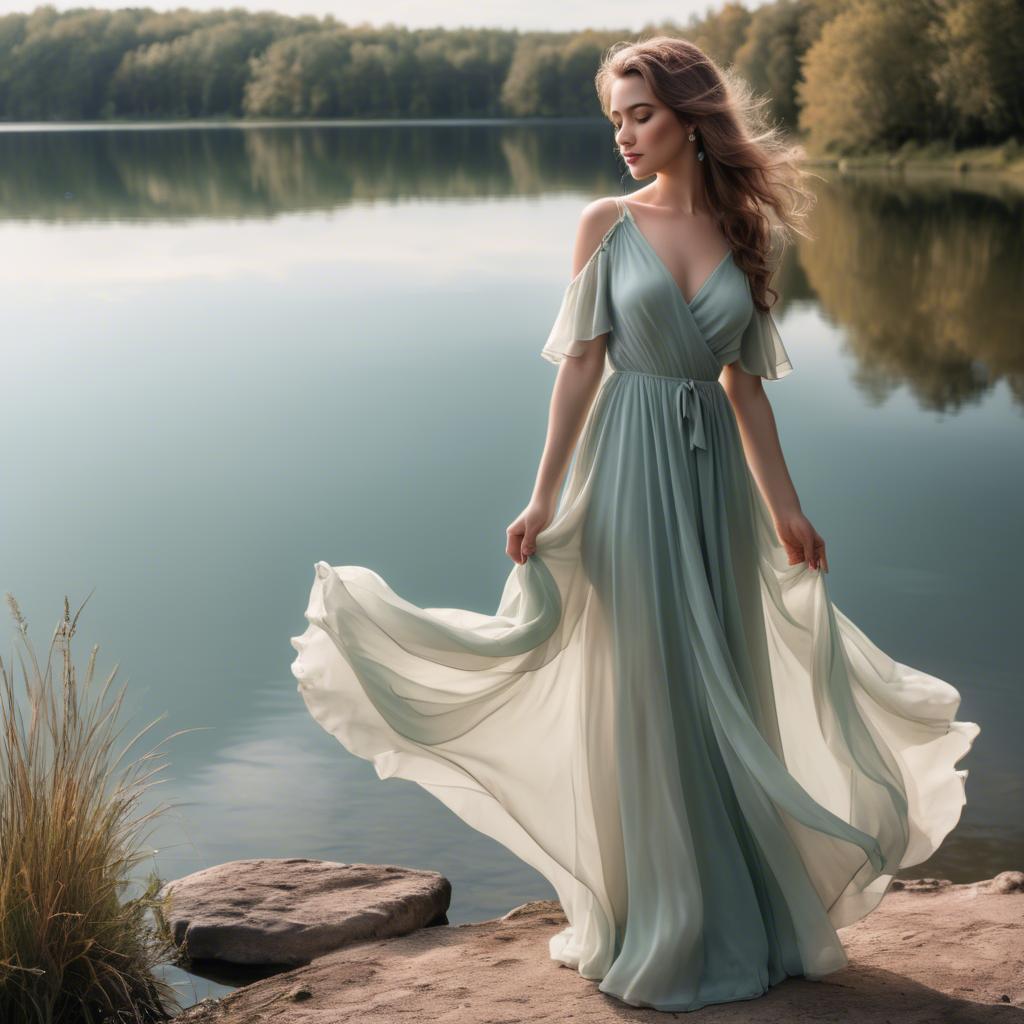 A stunning image of romantic lady in a flowing pastel dress by a lake.