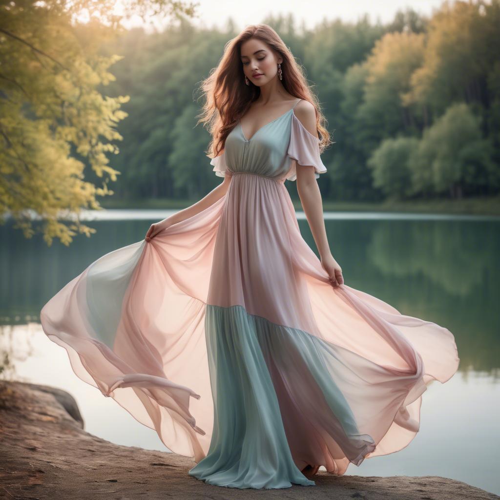 A stunning image of romantic lady in a flowing pastel dress by a lake.