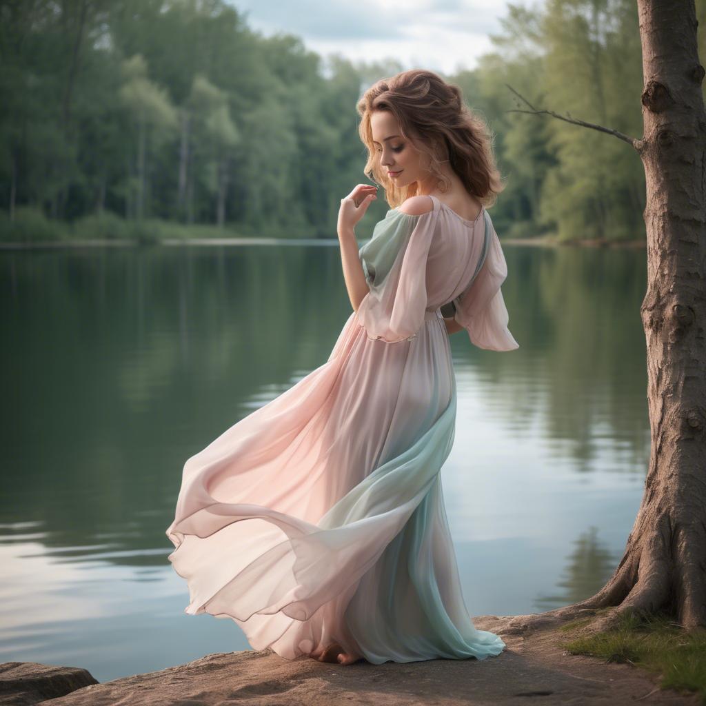 A stunning image of romantic lady in a flowing pastel dress by a lake.