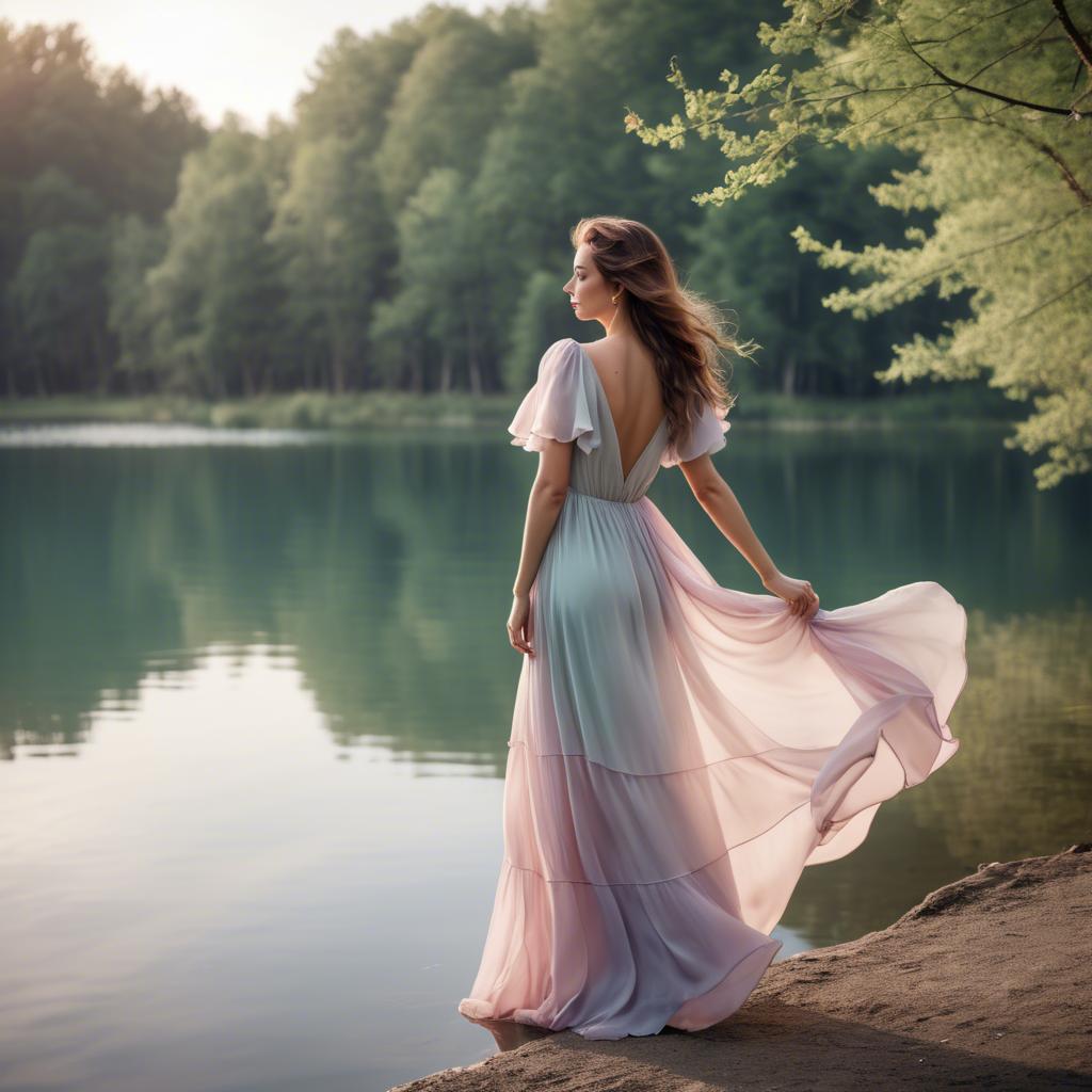 A stunning image of romantic lady in a flowing pastel dress by a lake.