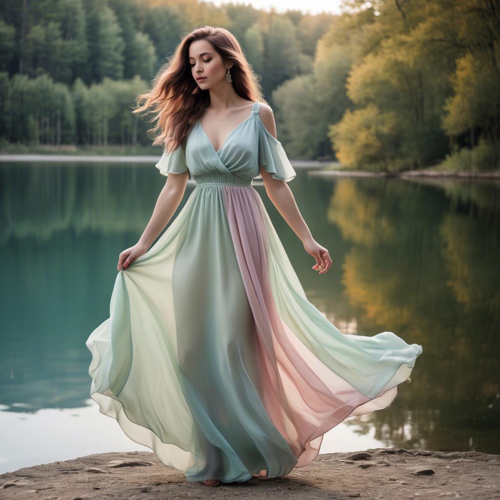 A stunning image of romantic lady in a flowing pastel dress by a lake.