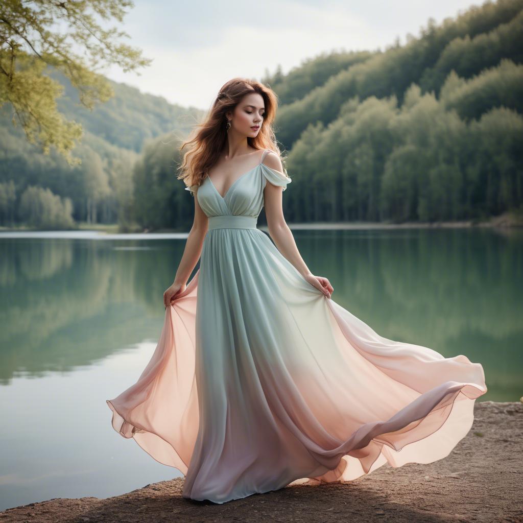 A stunning image of romantic lady in a flowing pastel dress by a lake.
