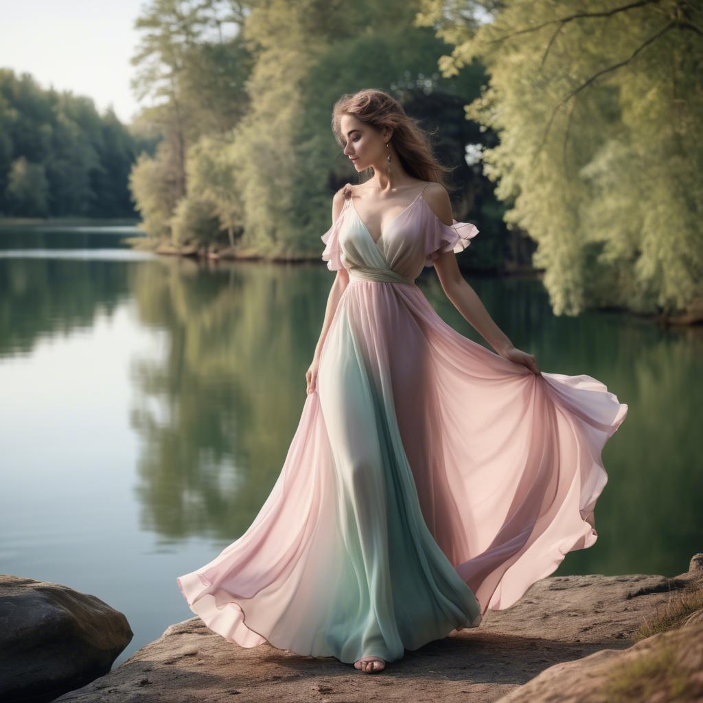 A stunning image of romantic lady in a flowing pastel dress by a lake.