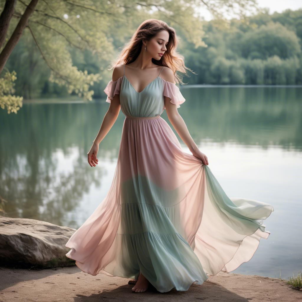 A stunning image of romantic lady in a flowing pastel dress by a lake.