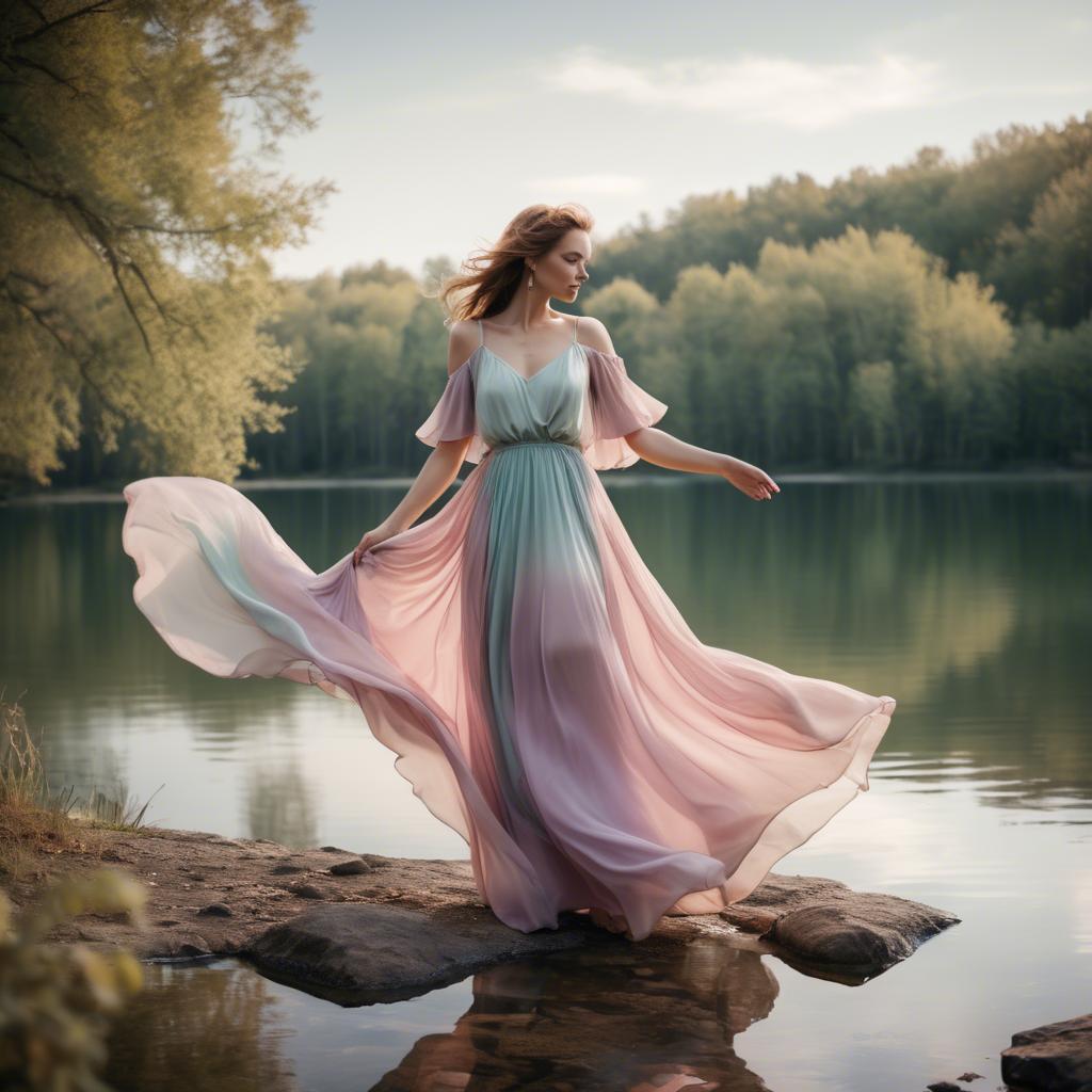 A stunning image of romantic lady in a flowing pastel dress by a lake.