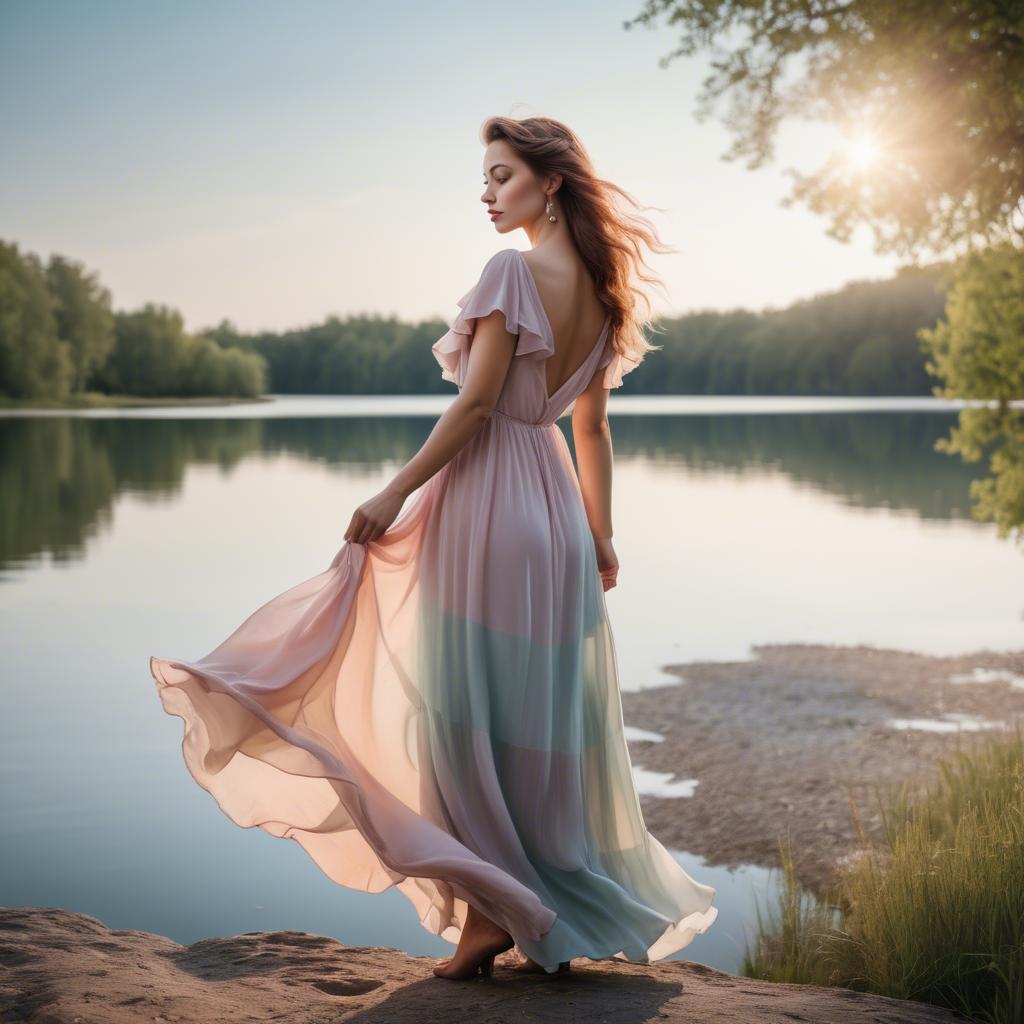 A stunning image of romantic lady in a flowing pastel dress by a lake.