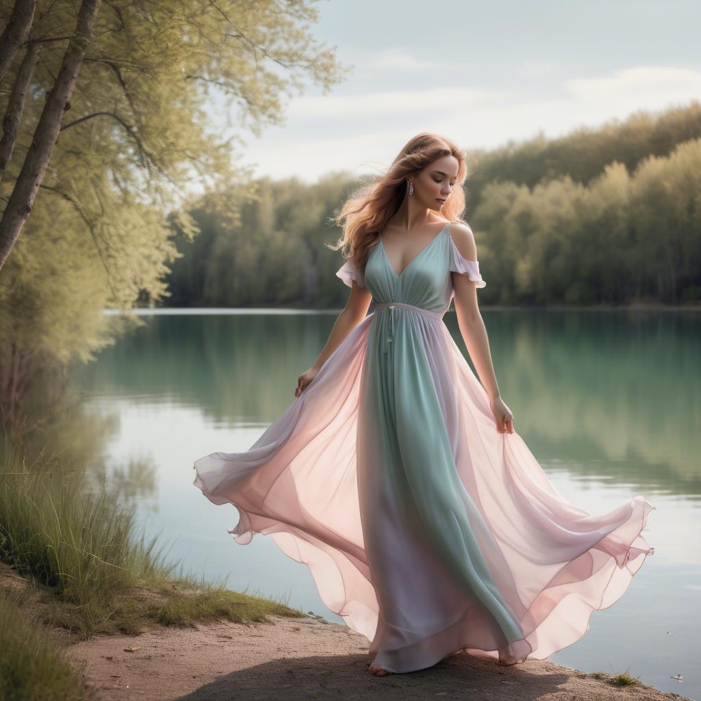 A stunning image of romantic lady in a flowing pastel dress by a lake.