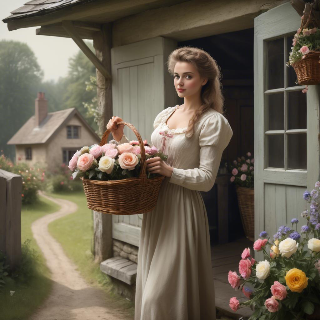 A stunning image of romantic lady with a basket of flowers in a cottage.