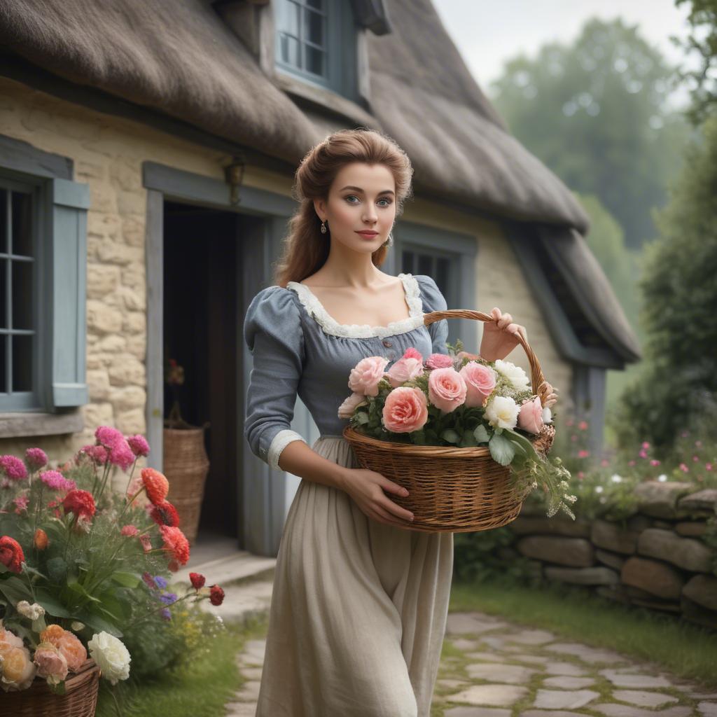 A stunning image of romantic lady with a basket of flowers in a cottage.