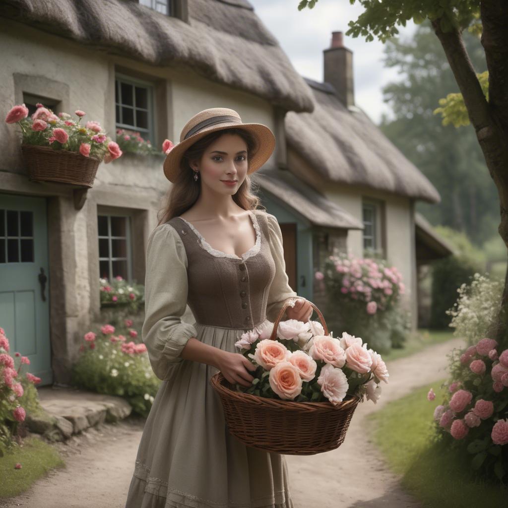 A stunning image of romantic lady with a basket of flowers in a cottage.