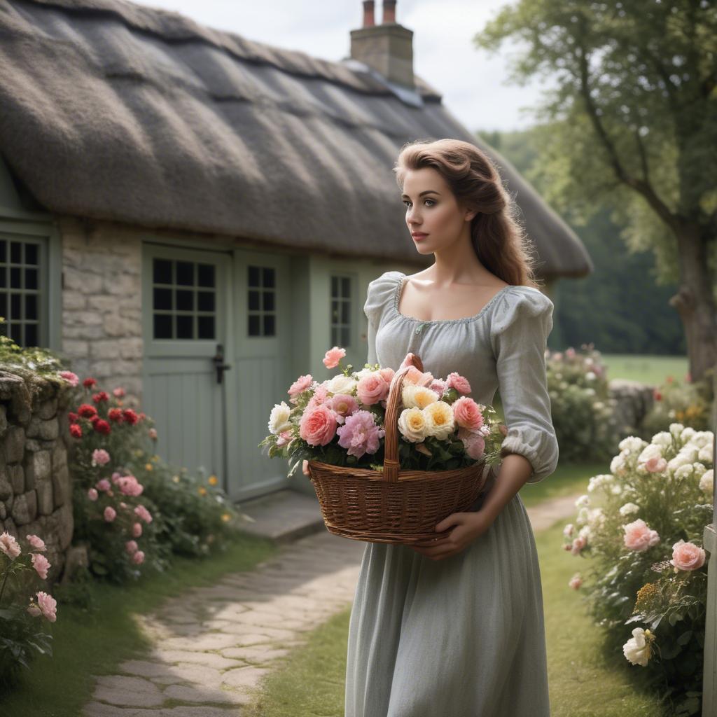 A stunning image of romantic lady with a basket of flowers in a cottage.
