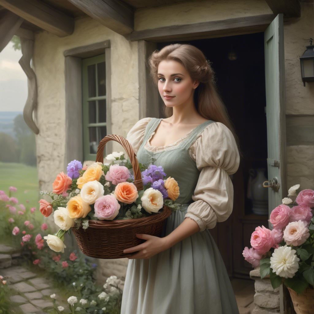 A stunning image of romantic lady with a basket of flowers in a cottage.