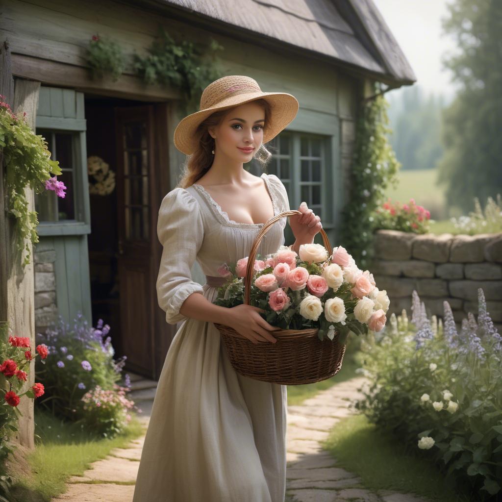 A stunning image of romantic lady with a basket of flowers in a cottage.
