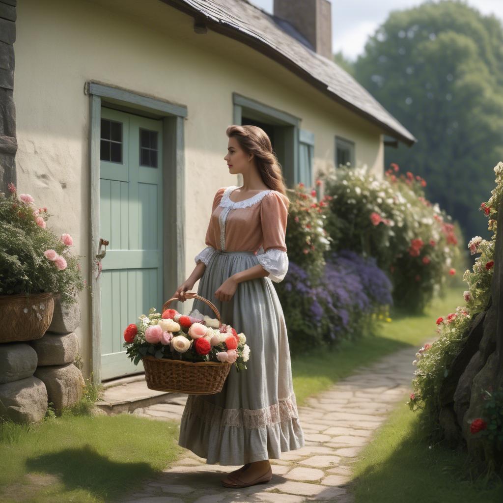 A stunning image of romantic lady with a basket of flowers in a cottage.